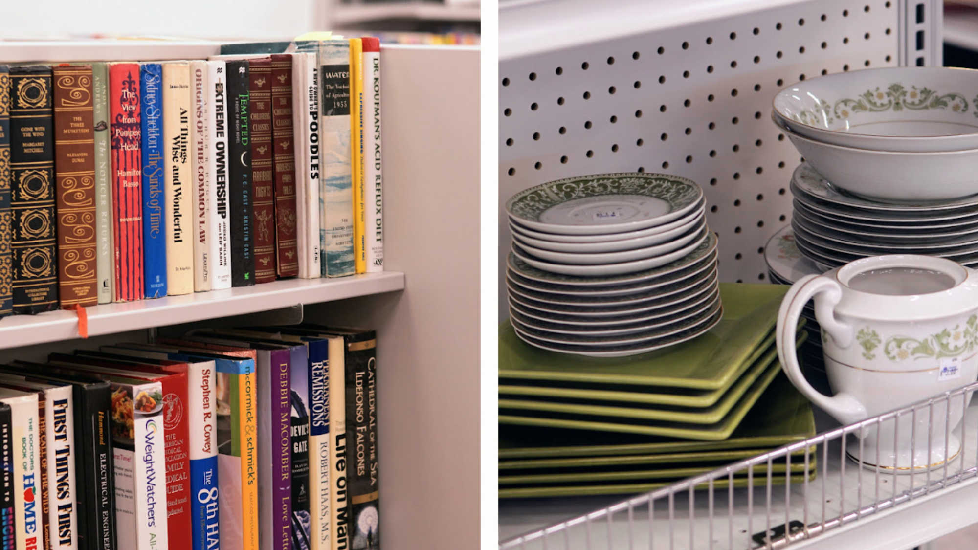 On the left, a shelf of secondhand books at DI on the right, a DI shelf with a full set of matching green and white dishes.